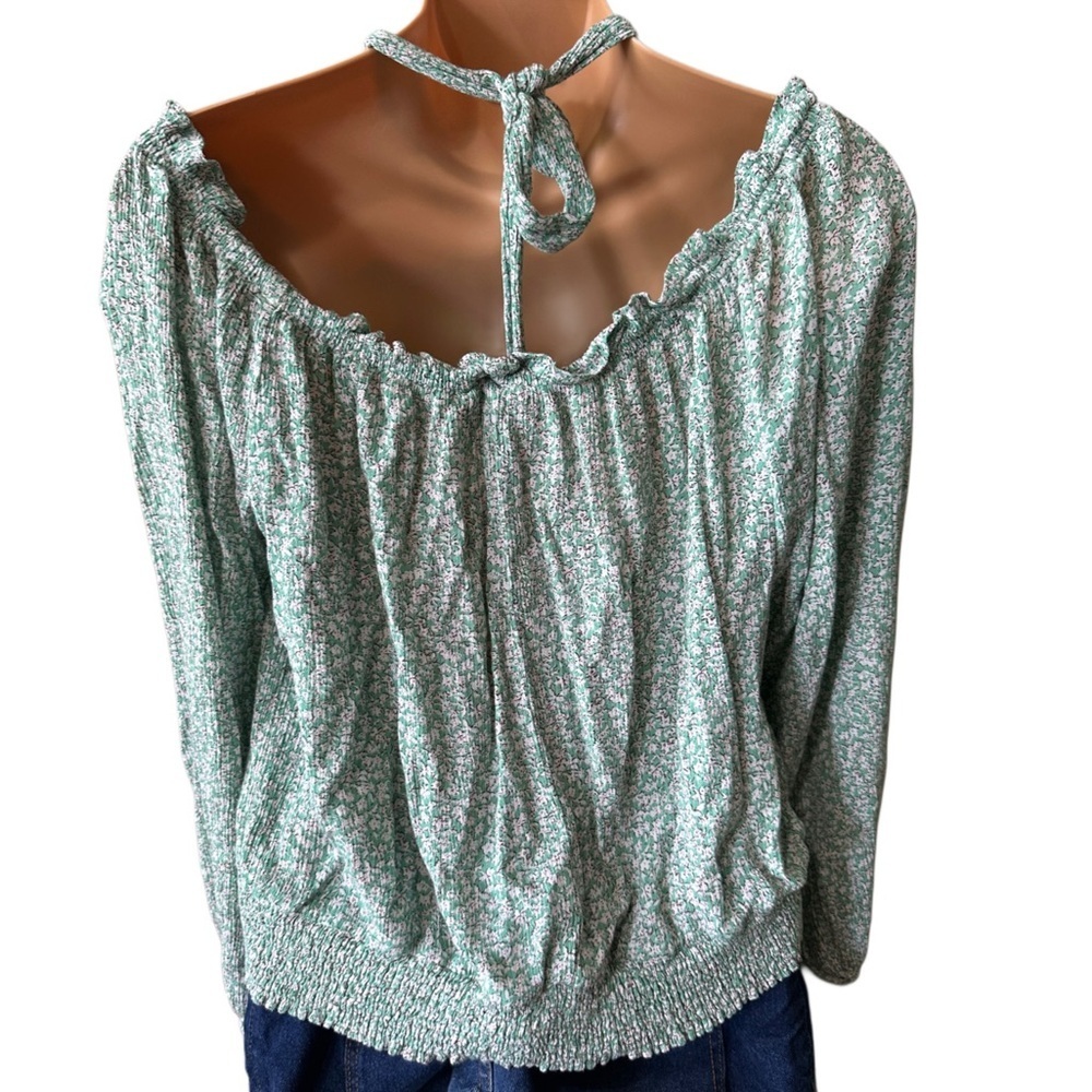 Daytrip Mint Floral Long Sleeve Blouse with Ruffles Ruching and Tie Top Collar - Picture 5 of 5